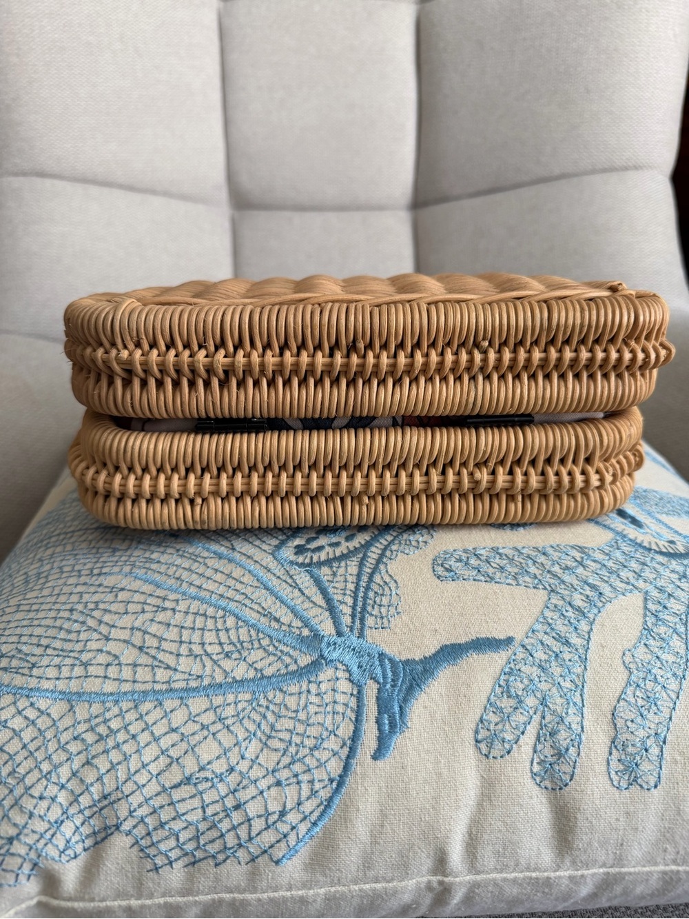 Woven Rattan Crossbody Bag with Blue Leather like Flap - Picture 3 of 8